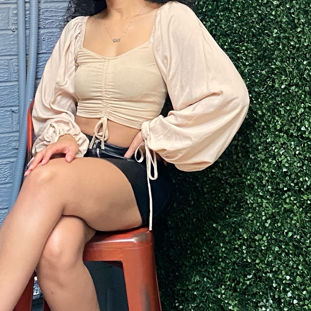 Tan Off-Shoulder Top with Puff Sleeves